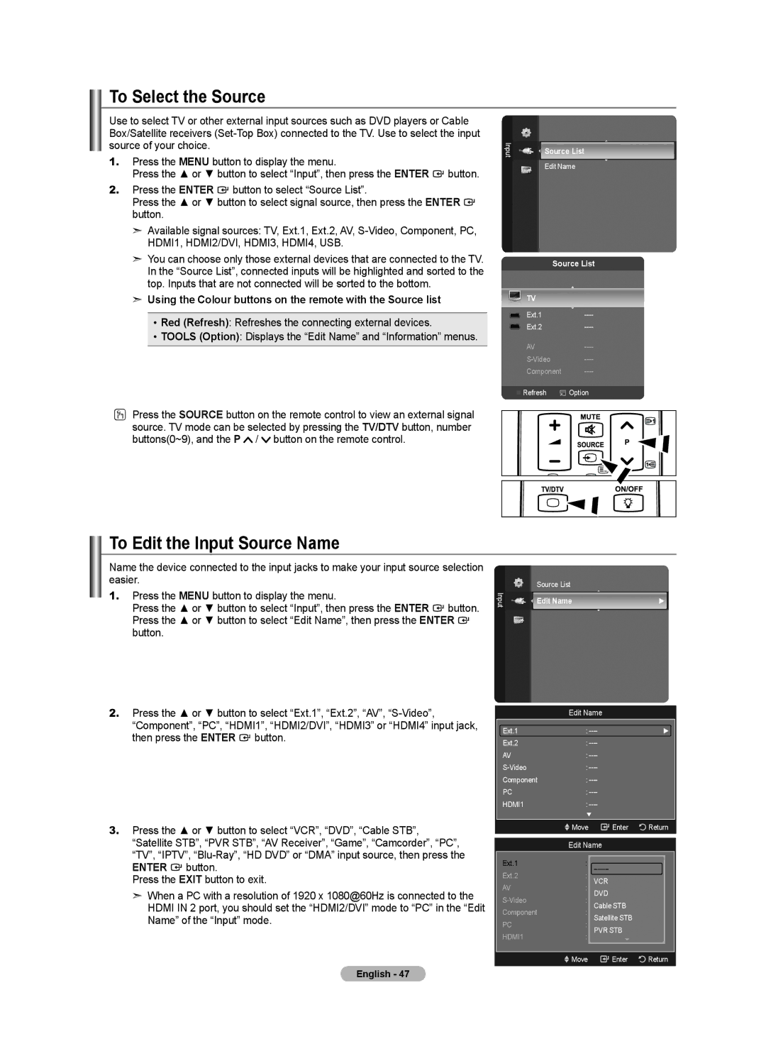 Samsung BN68-01412T-00 user manual To Select the Source, To Edit the Input Source Name 