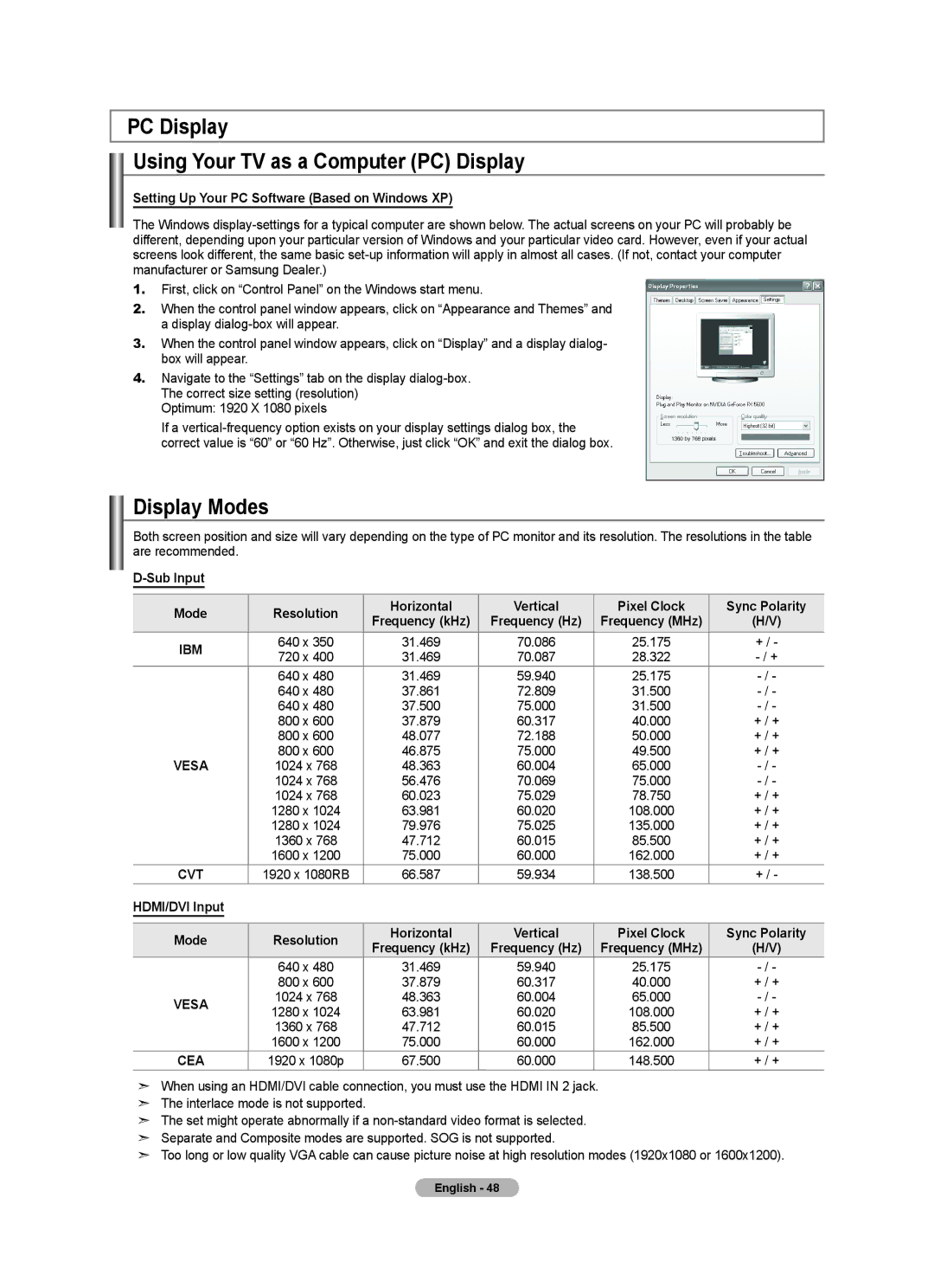 Samsung BN68-01412T-00 user manual PC Display Using Your TV as a Computer PC Display, Display Modes, HDMI/DVI Input 