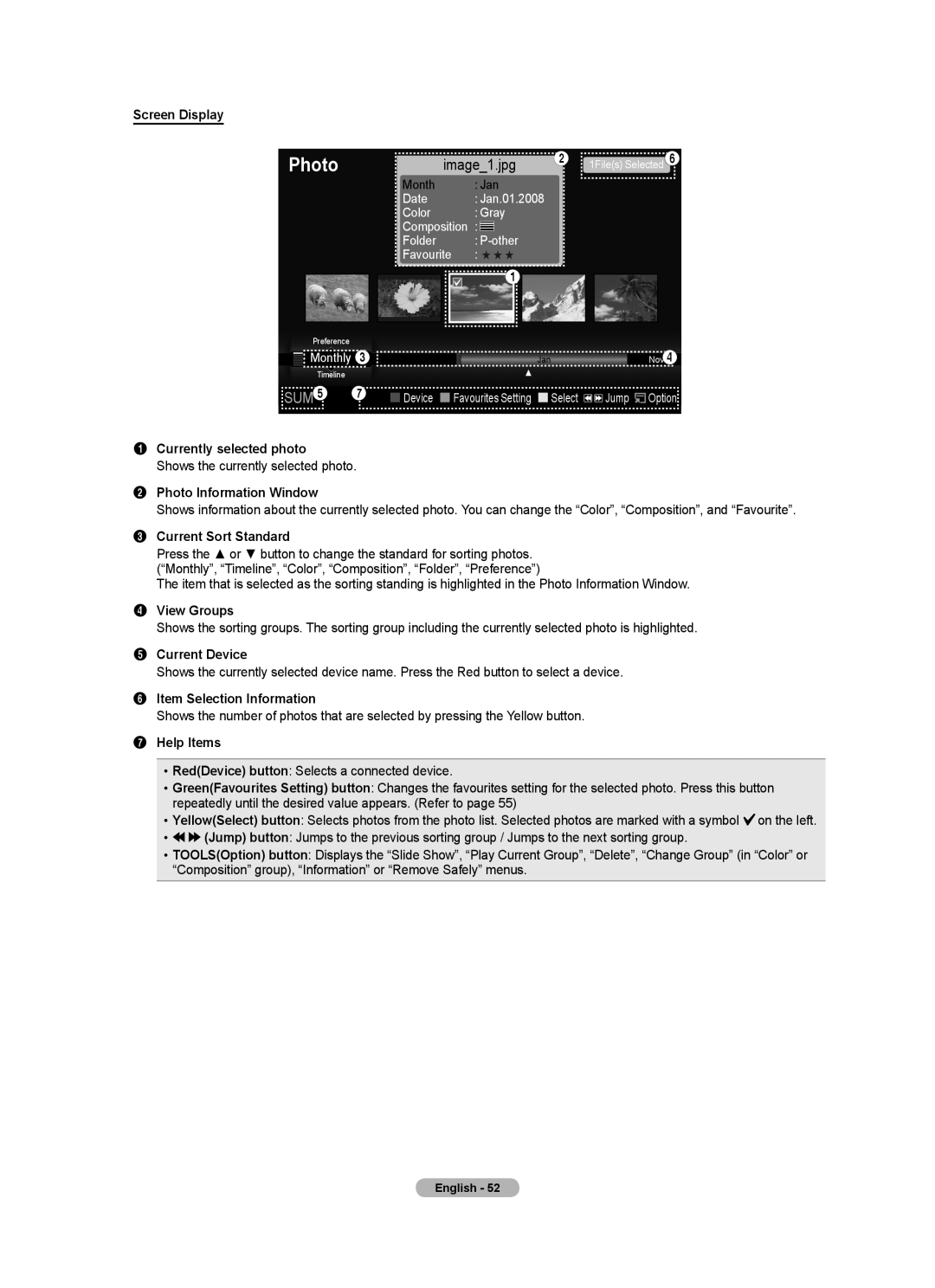 Samsung BN68-01412T-00 Screen Display, Currently selected photo, Photo Information Window, Current Sort Standard 