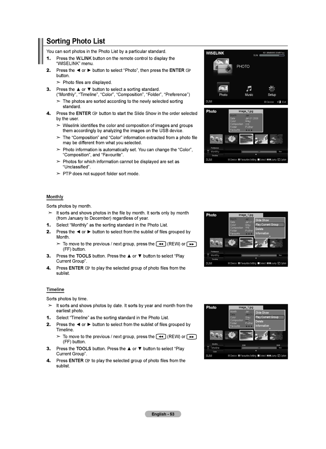 Samsung BN68-01412T-00 user manual Sorting Photo List, Monthly, Timeline 