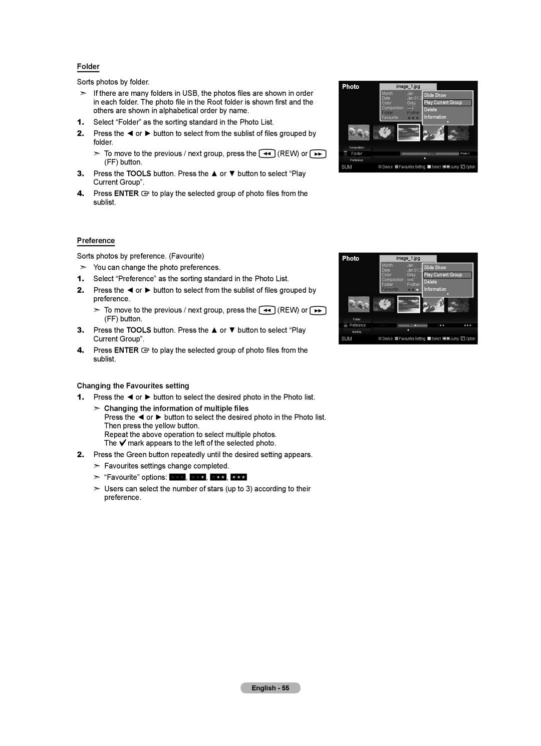 Samsung BN68-01412T-00 user manual Folder, Preference, Changing the Favourites setting 