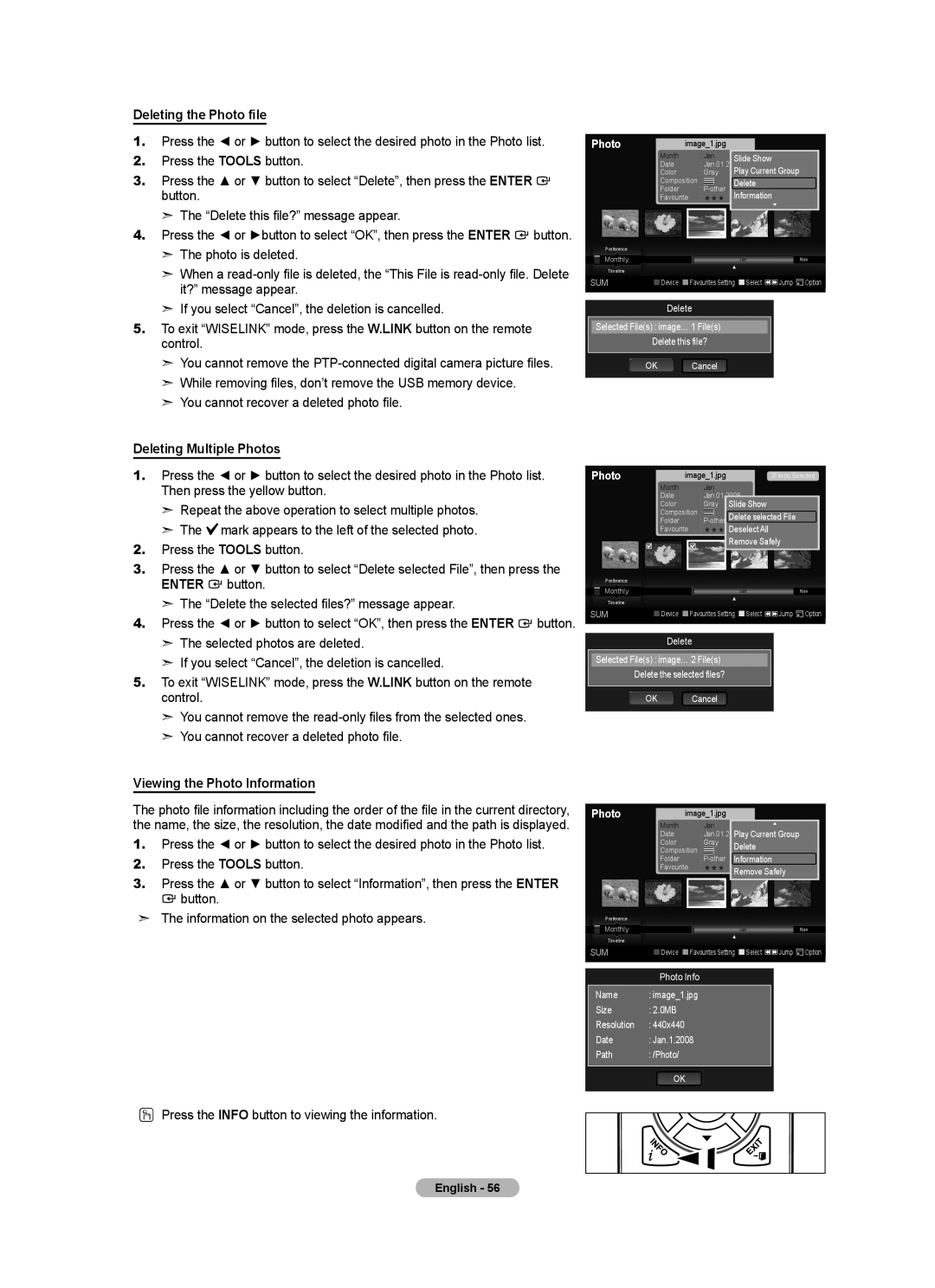 Samsung BN68-01412T-00 user manual Deleting the Photo file, Deleting Multiple Photos, Viewing the Photo Information 