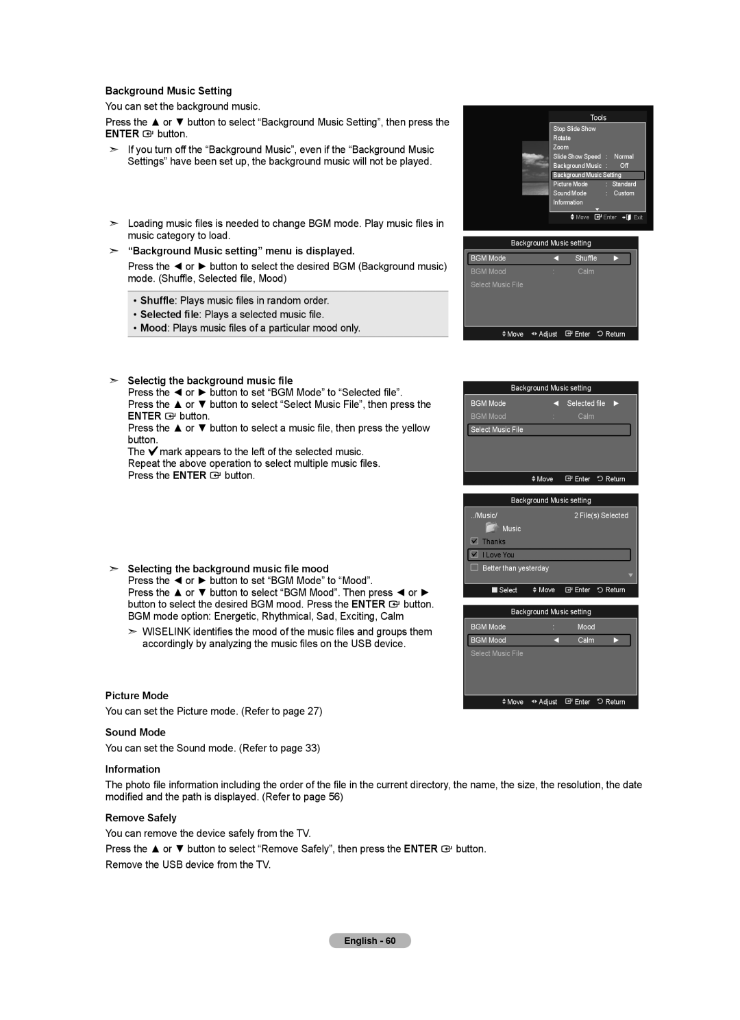 Samsung BN68-01412T-00 Background Music Setting, Background Music setting menu is displayed, Picture Mode, Sound Mode 