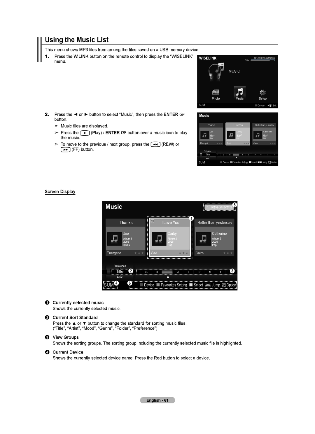 Samsung BN68-01412T-00 user manual Using the Music List, Currently selected music, Shows the currently selected music 