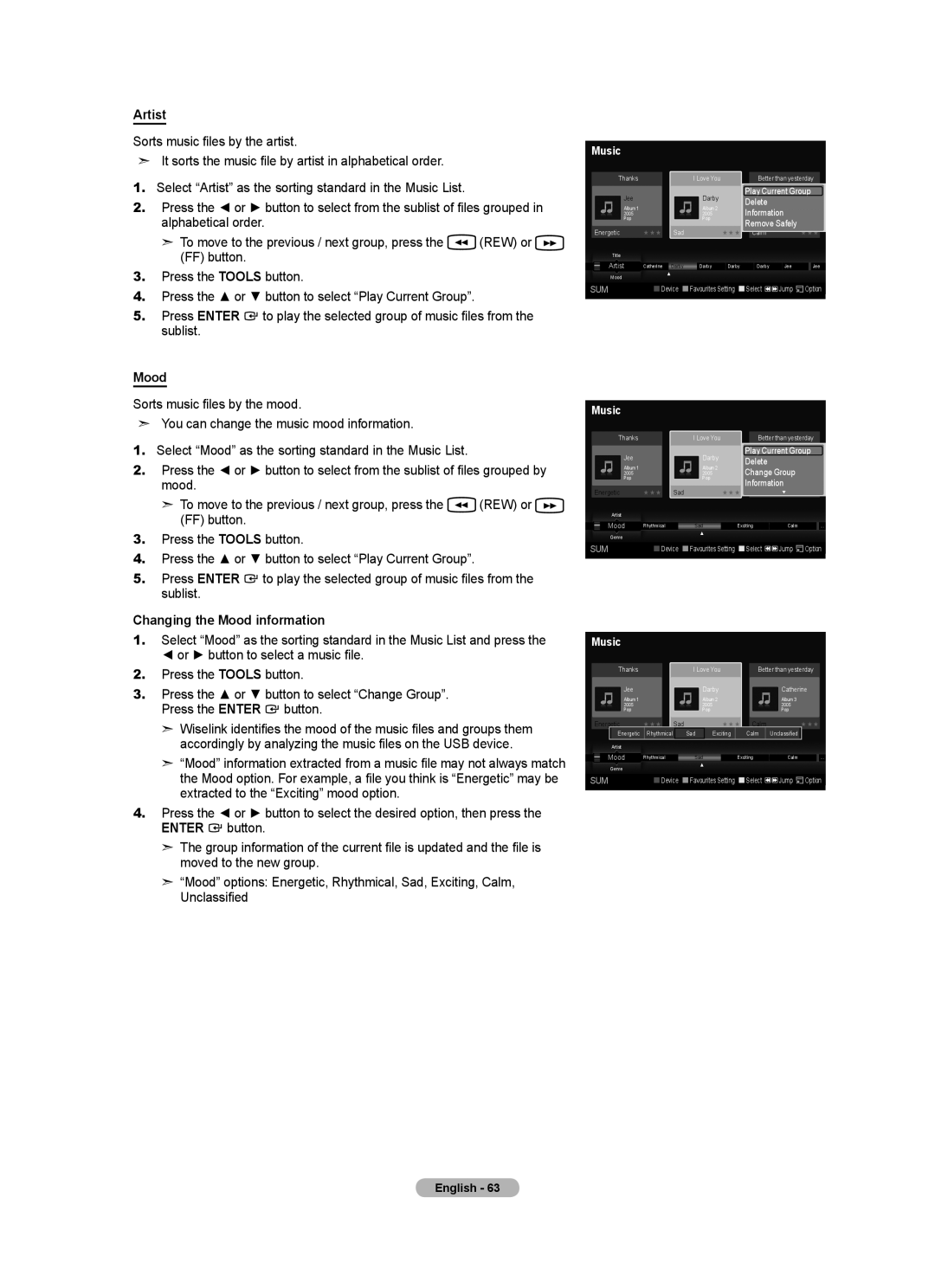 Samsung BN68-01412T-00 user manual Artist, Changing the Mood information 