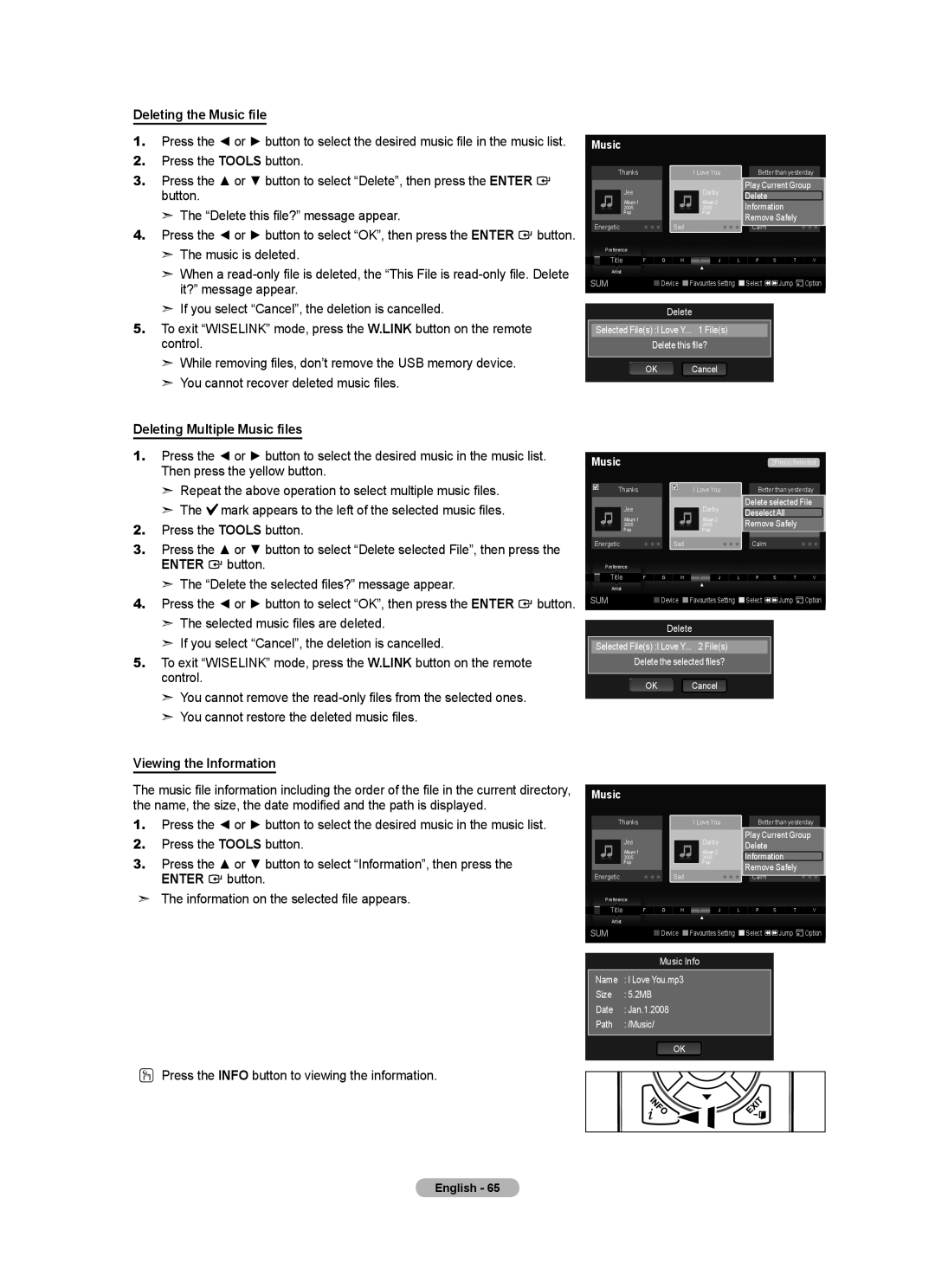 Samsung BN68-01412T-00 user manual Deleting the Music file, Deleting Multiple Music files, Viewing the Information 