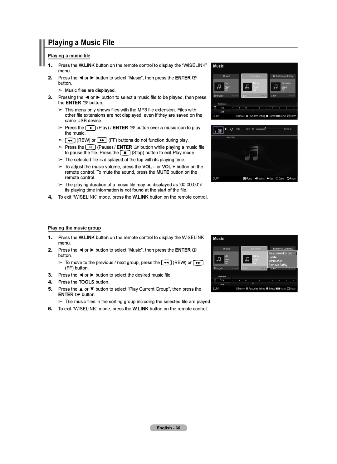 Samsung BN68-01412T-00 user manual Playing a Music File, Playing a music file, Playing the music group 