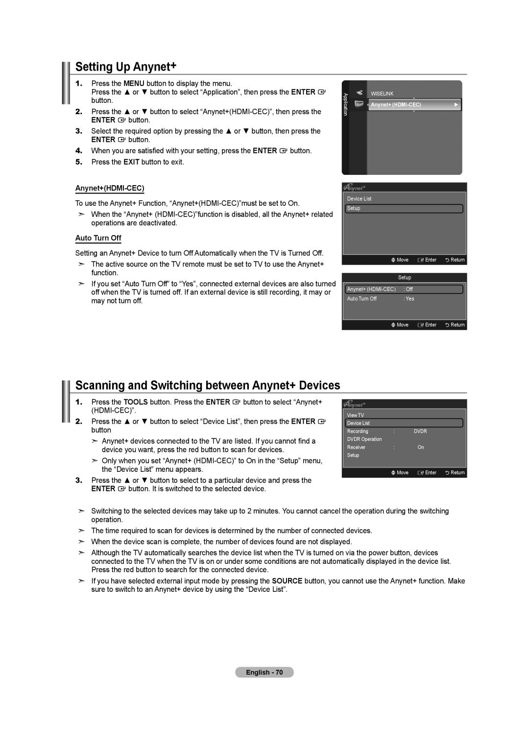 Samsung BN68-01412T-00 Setting Up Anynet+, Scanning and Switching between Anynet+ Devices, Anynet+HDMI-CEC, Auto Turn Off 