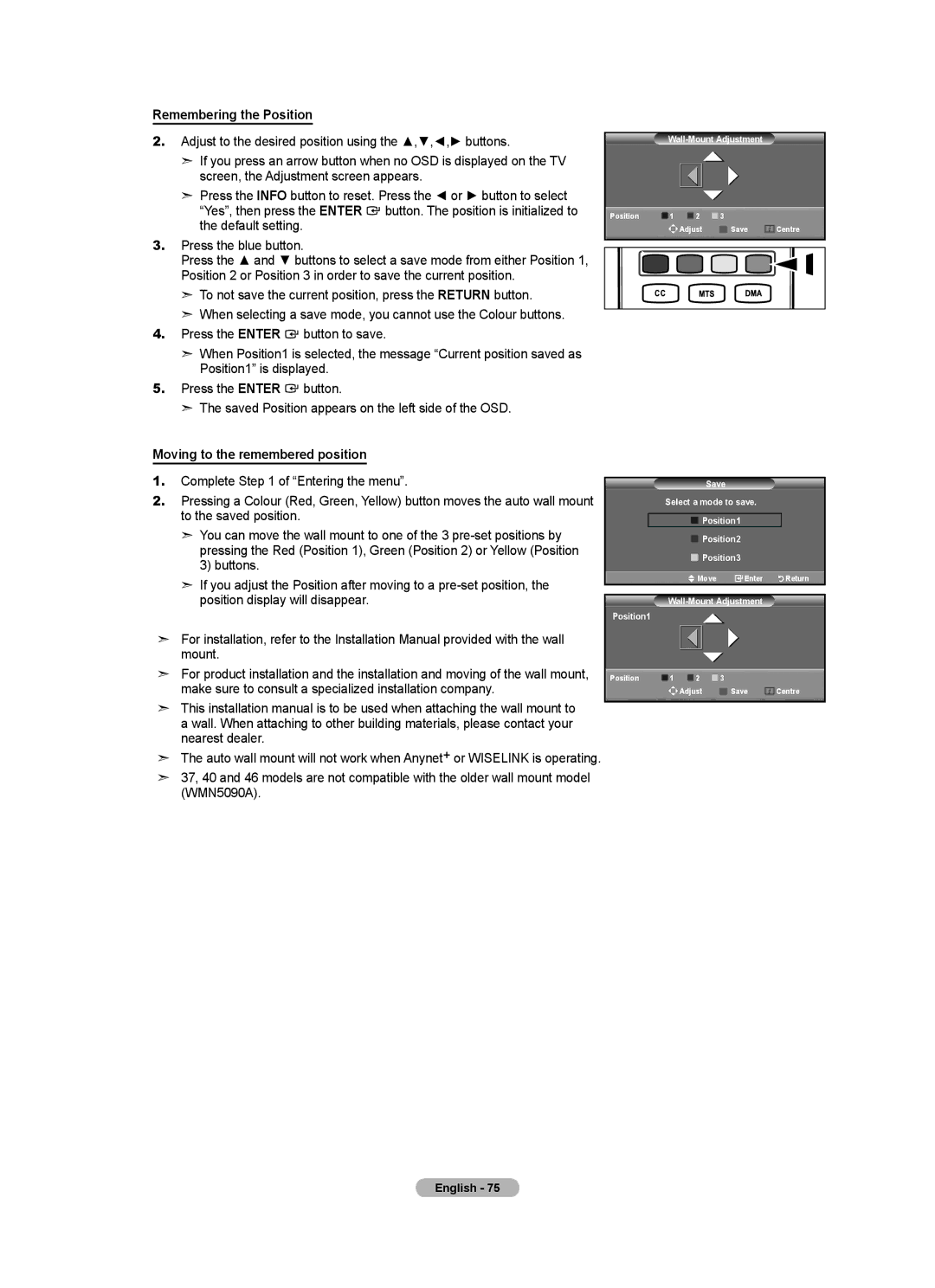 Samsung BN68-01412T-00 user manual Remembering the Position, Moving to the remembered position, Wall-Mount Adjustment 