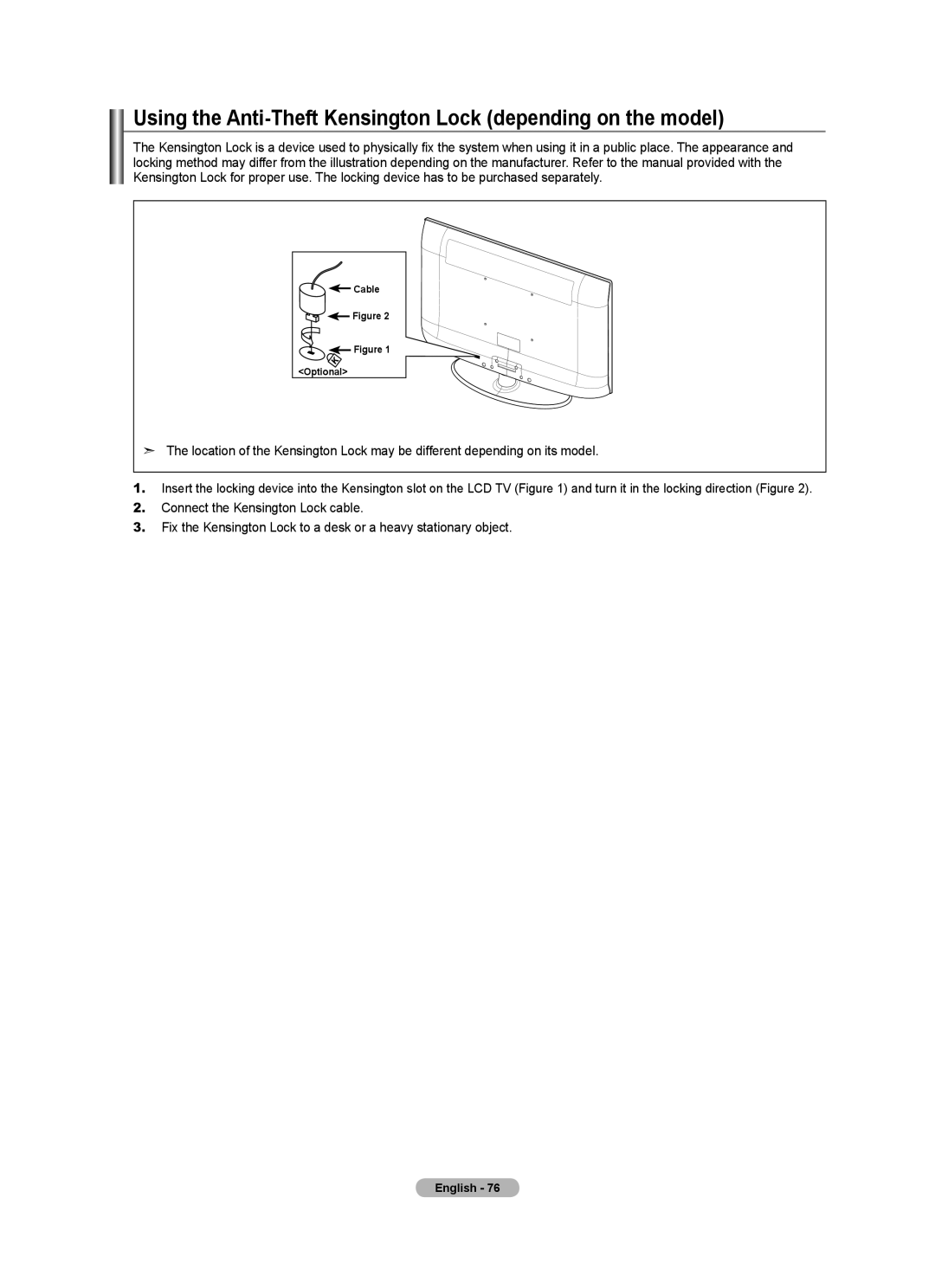 Samsung BN68-01412T-00 user manual Using the Anti-Theft Kensington Lock depending on the model, Optional 