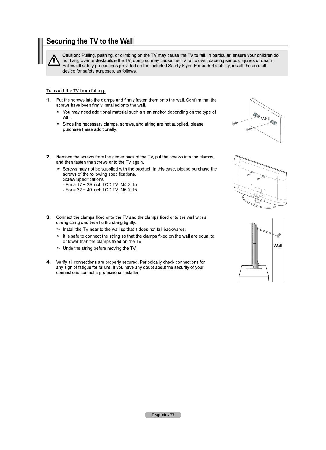 Samsung BN68-01412T-00 user manual Securing the TV to the Wall, To avoid the TV from falling 