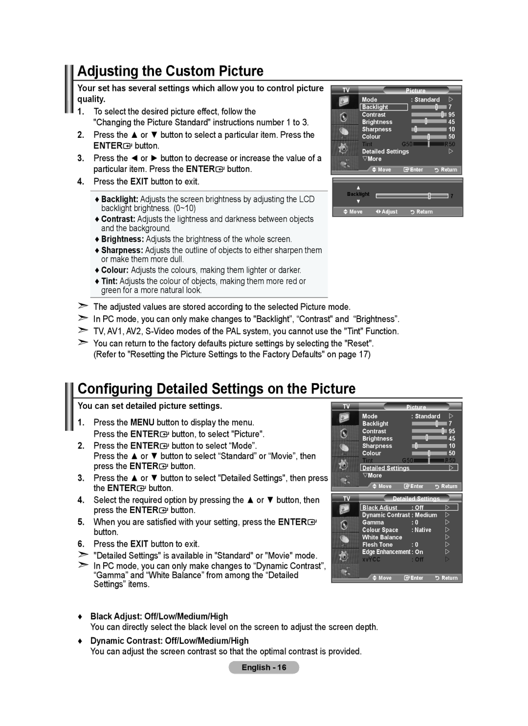 Samsung BN68-01415A-00 user manual Adjusting the Custom Picture, Configuring Detailed Settings on the Picture 