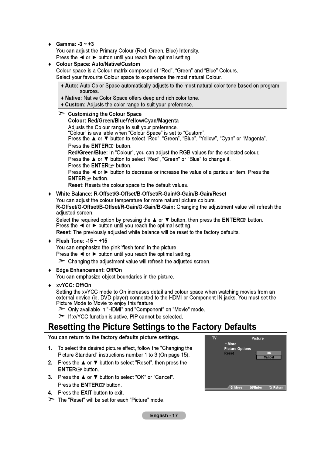 Samsung BN68-01415A-00 user manual Resetting the Picture Settings to the Factory Defaults 