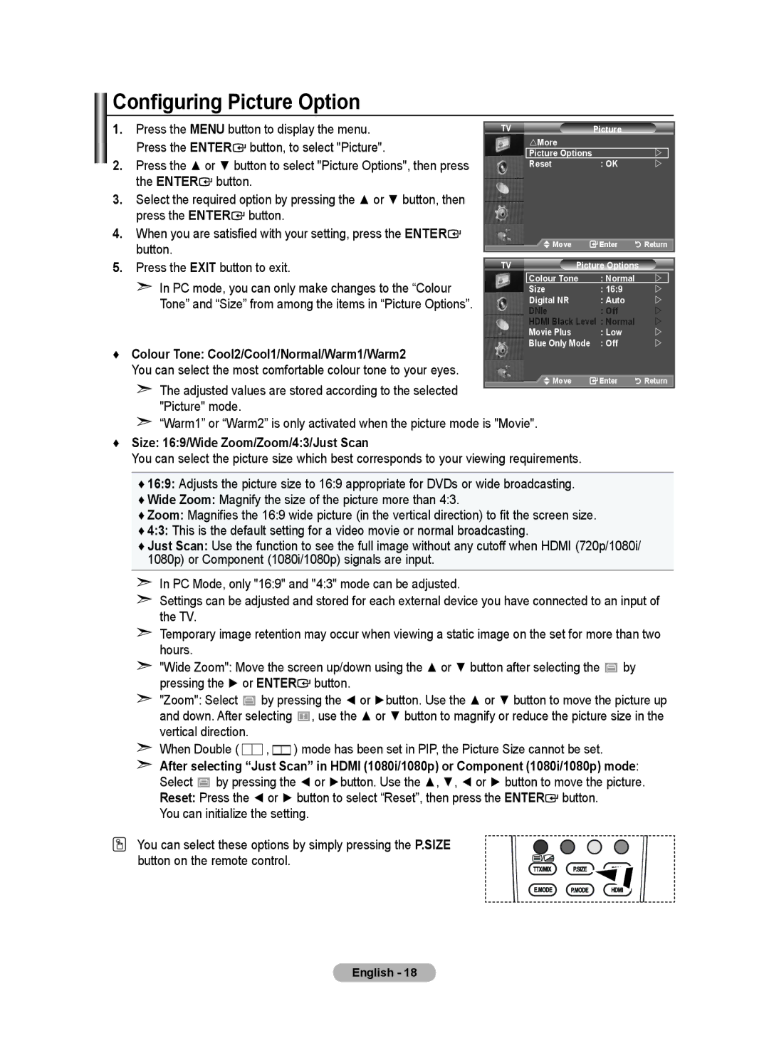 Samsung BN68-01415A-00 user manual Configuring Picture Option, Enter, Size 169/Wide Zoom/Zoom/43/Just Scan 