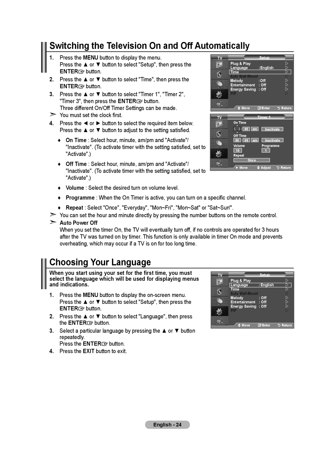 Samsung BN68-01415A-00 Switching the Television On and Off Automatically, Choosing Your Language, Auto Power Off 