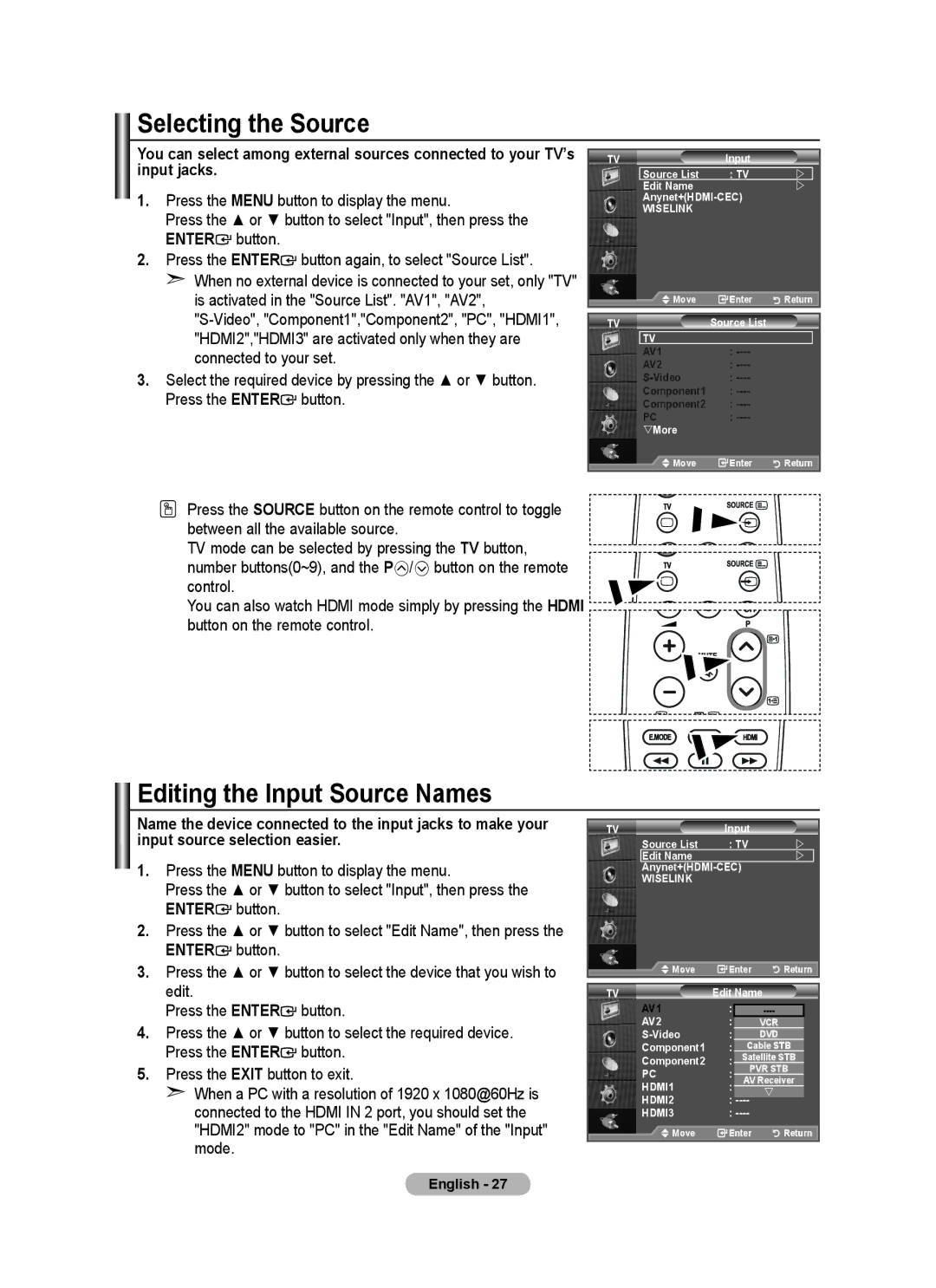 Samsung BN68-01415A-00 user manual Selecting the Source, Editing the Input Source Names 