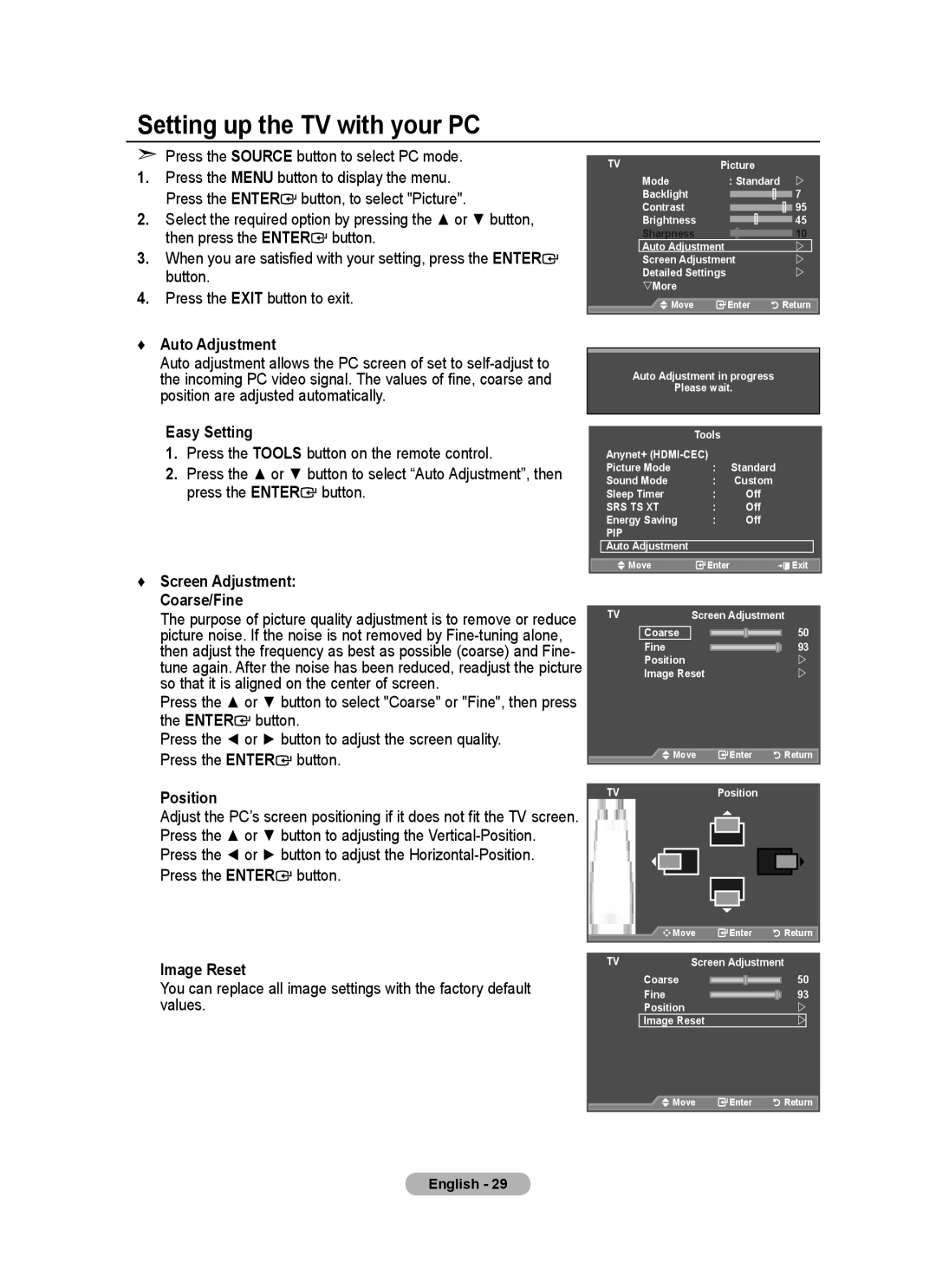 Samsung BN68-01415A-00 Setting up the TV with your PC, Press the Source button to select PC mode, Auto Adjustment 