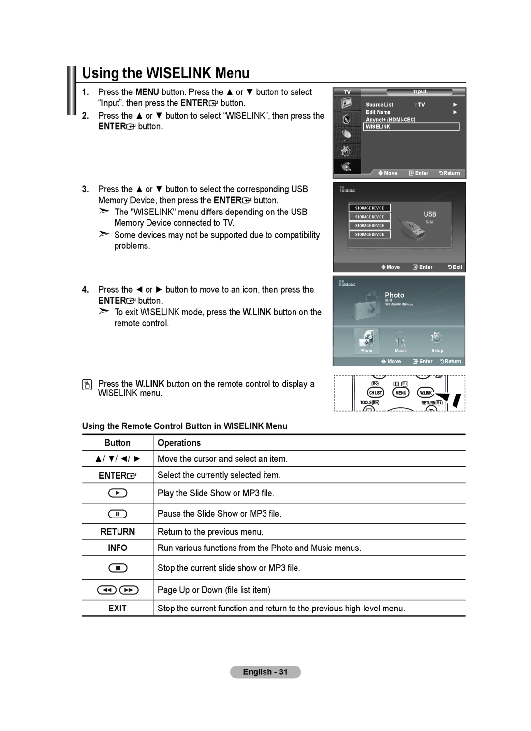 Samsung BN68-01415A-00 user manual Using the Wiselink Menu, Input, then press the Enter button 