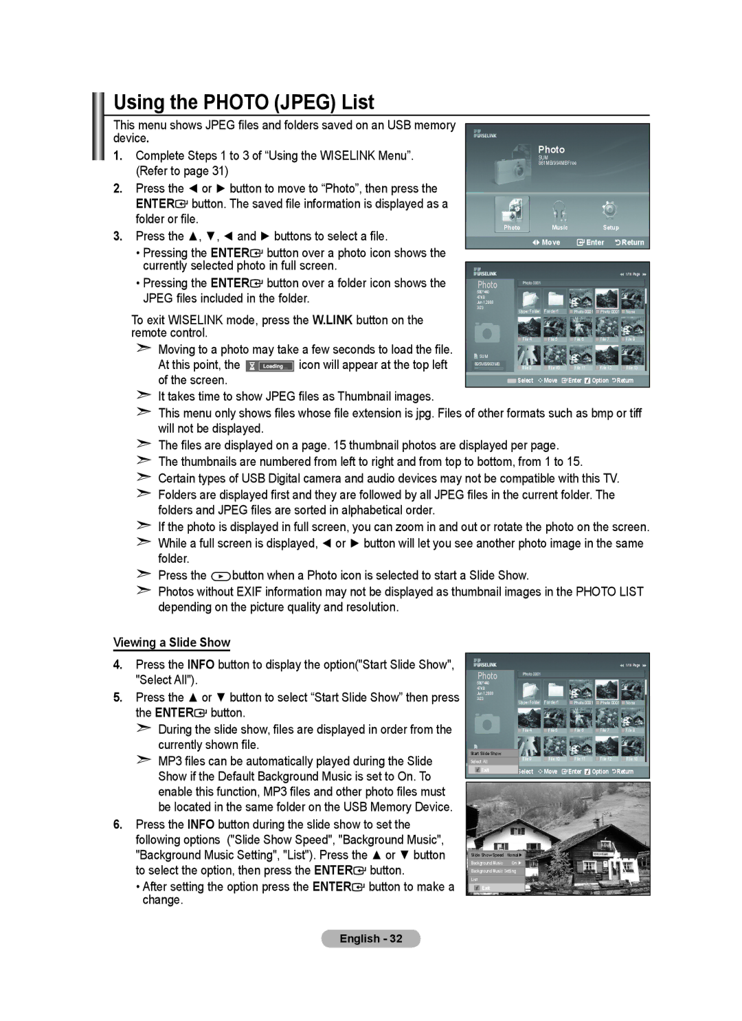 Samsung BN68-01415A-00 user manual Using the Photo Jpeg List, Viewing a Slide Show 