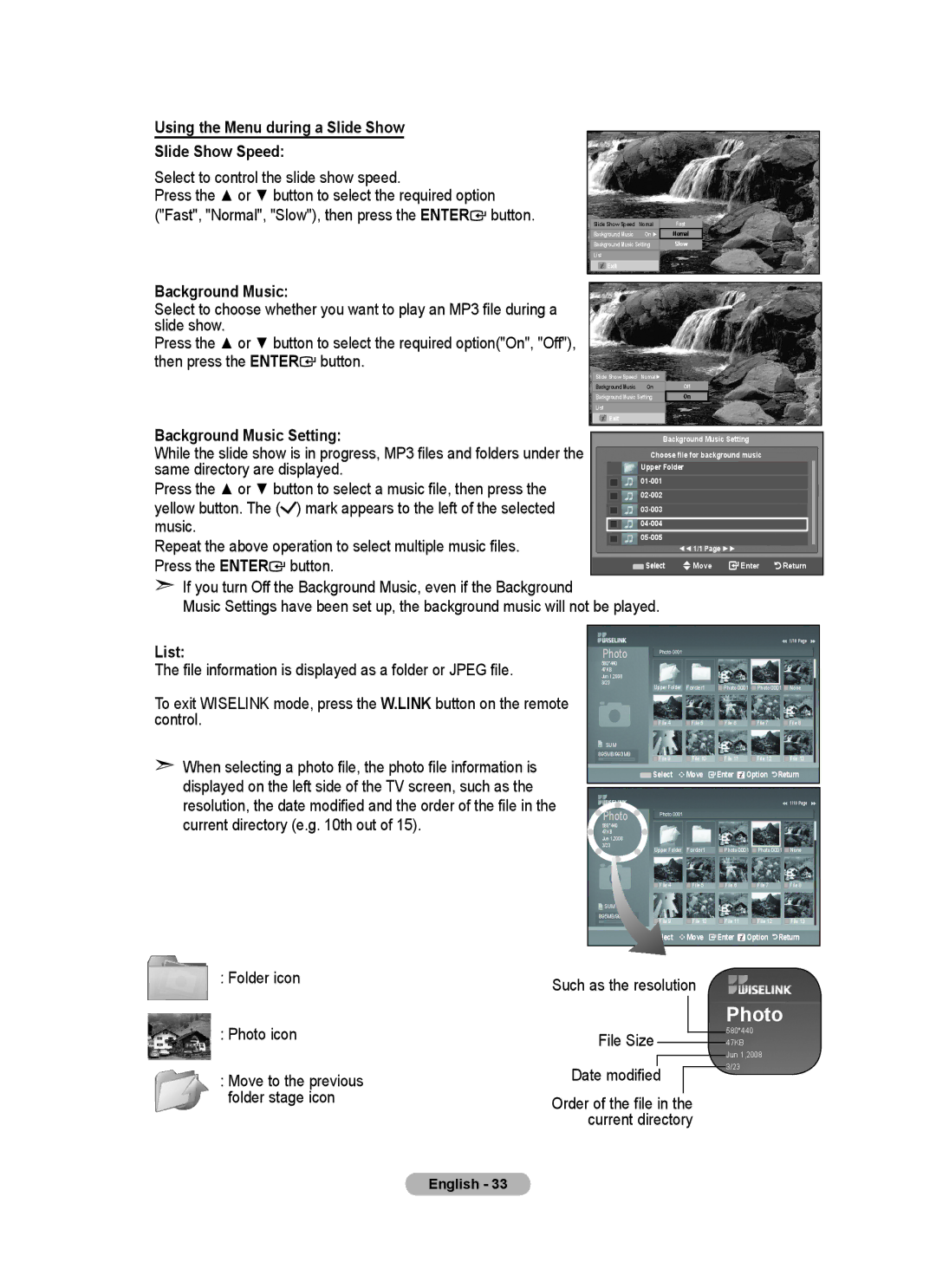 Samsung BN68-01415A-00 user manual Using the Menu during a Slide Show Slide Show Speed, List, Folder icon Photo icon 