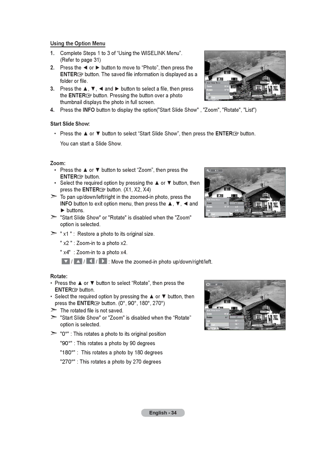 Samsung BN68-01415A-00 user manual Using the Option Menu, Start Slide Show, Zoom, Rotate 