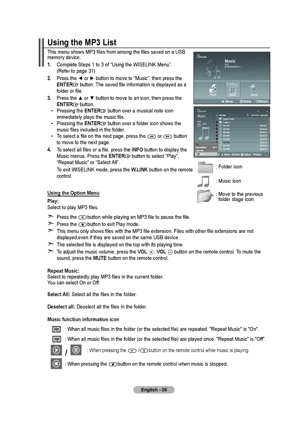 Samsung BN68-01415A-00 Using the MP3 List, Using the Option Menu Play, Repeat Music, Music function information icon 