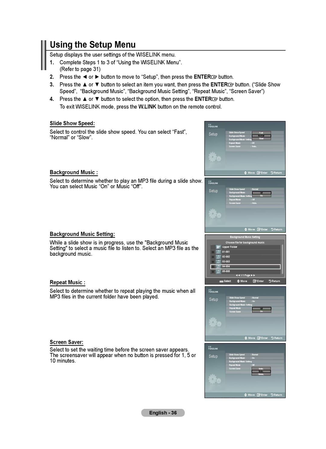 Samsung BN68-01415A-00 user manual Using the Setup Menu, Background Music Setting, Screen Saver 