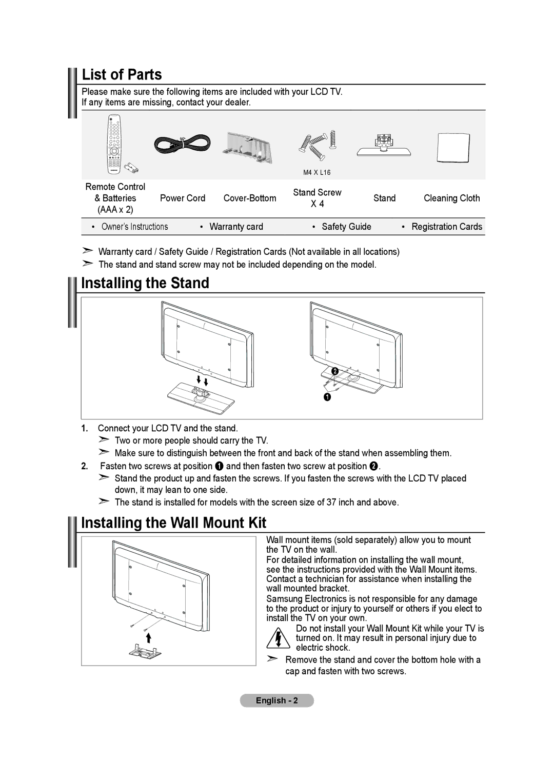 Samsung BN68-01415A-00 user manual List of Parts, Installing the Stand, Installing the Wall Mount Kit, Cover-Bottom Stand 