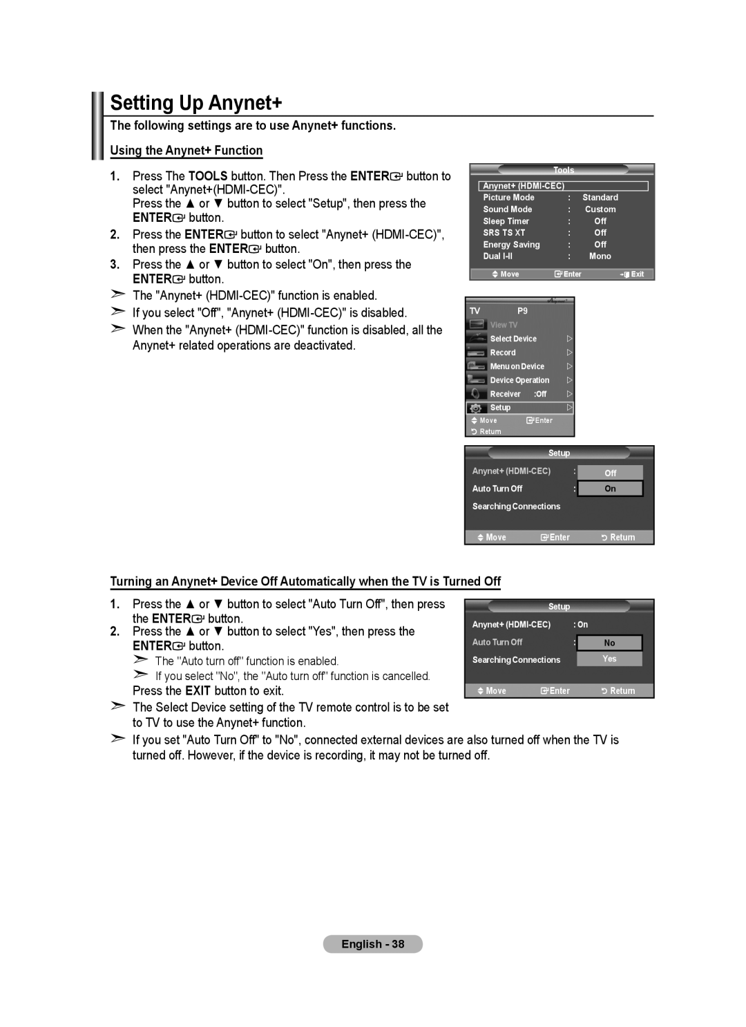 Samsung BN68-01415A-00 user manual Setting Up Anynet+ 