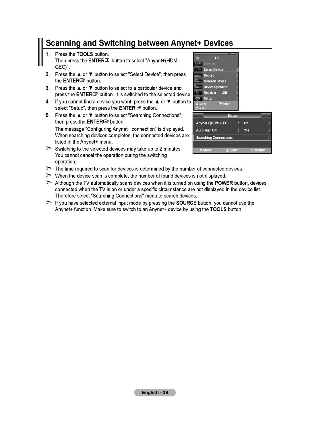 Samsung BN68-01415A-00 Scanning and Switching between Anynet+ Devices, Select Setup, then press the Enter button 