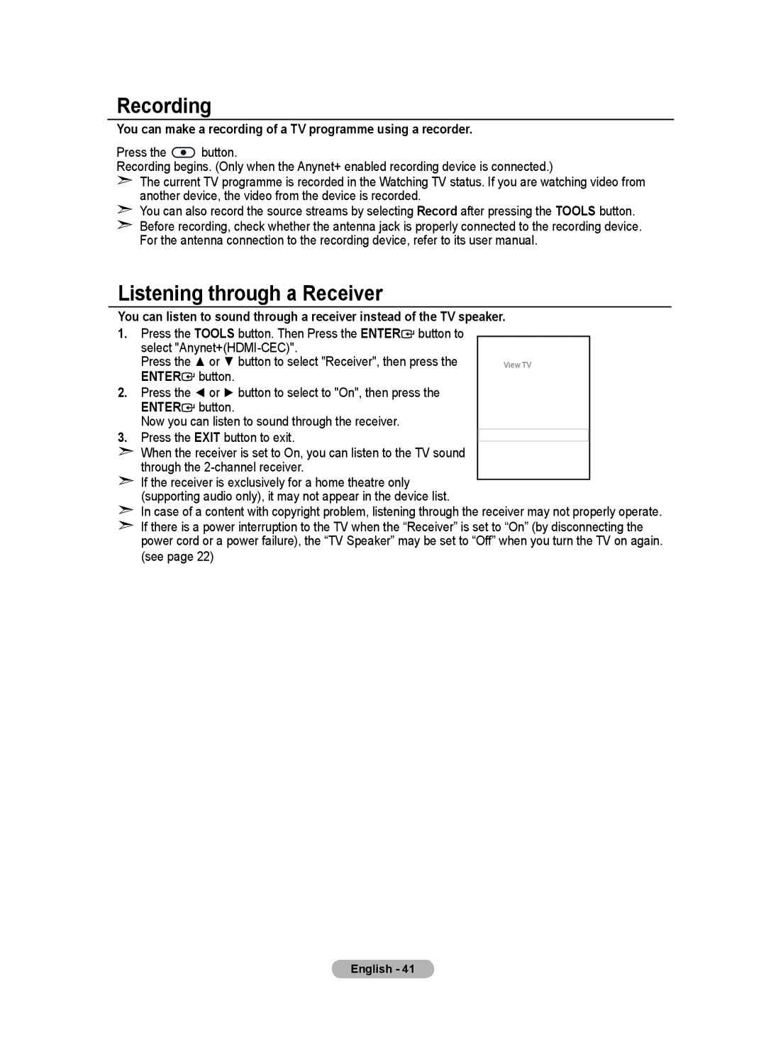 Samsung BN68-01415A-00 Recording, Listening through a Receiver, Press the Tools button. Then Press the Enter button to 