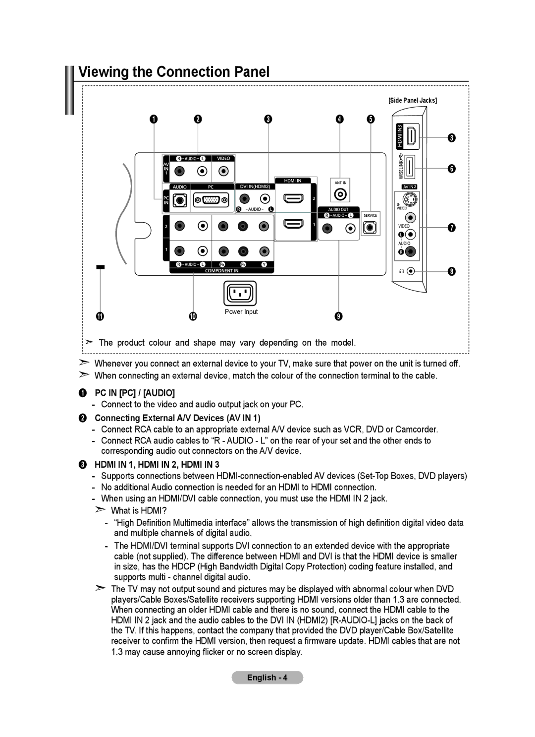 Samsung BN68-01415A-00 user manual Viewing the Connection Panel, PC in PC / Audio, Connecting External A/V Devices AV 