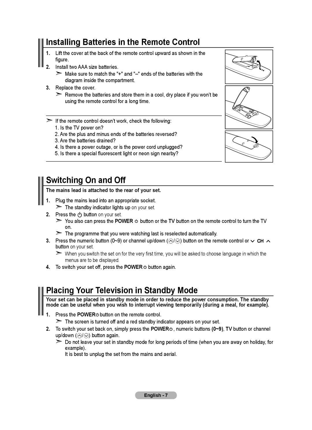 Samsung BN68-01415A-00 user manual Installing Batteries in the Remote Control, Switching On and Off 