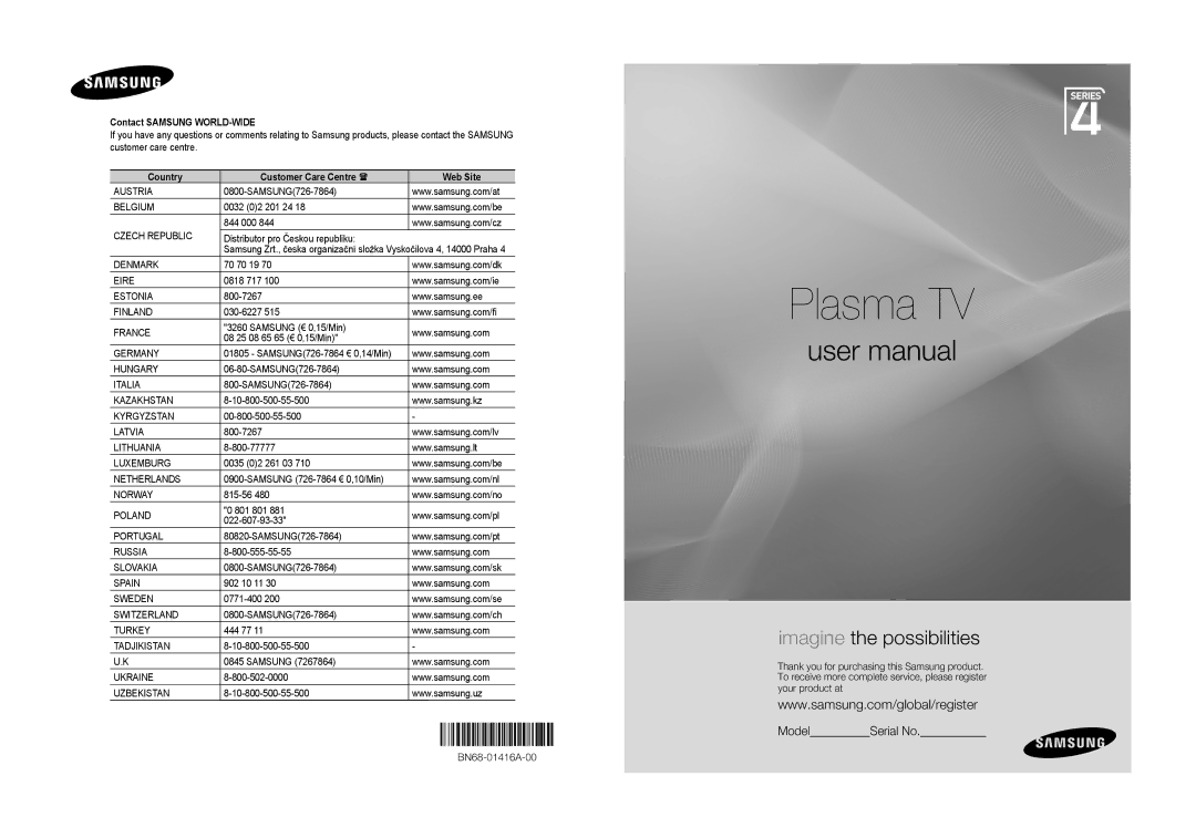 Samsung BN68-01416A-00 user manual Contact Samsung WORLD-WIDE, Country Customer Care Centre  Web Site 