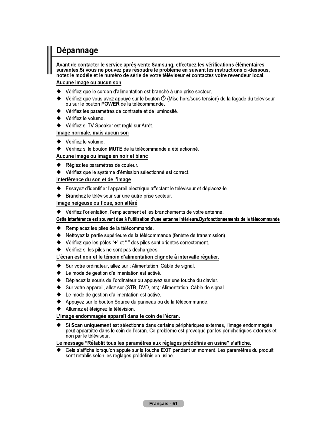 Samsung BN68-01416A-00 user manual Dépannage 