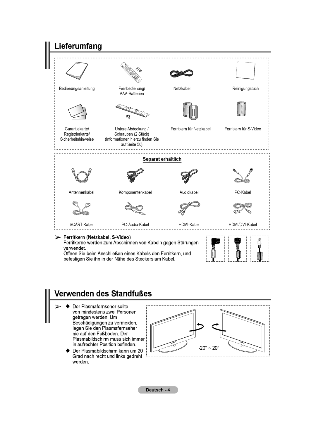 Samsung BN68-01416A-00 Lieferumfang, Verwenden des Standfußes, Separat erhältlich, Ferritkern Netzkabel, S-Video 