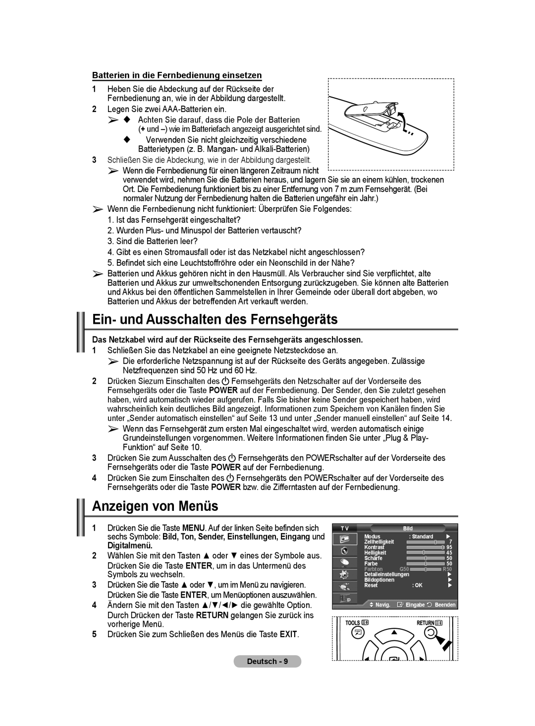 Samsung BN68-01416A-00 user manual Ein- und Ausschalten des Fernsehgeräts, Anzeigen von Menüs, Digitalmenü 