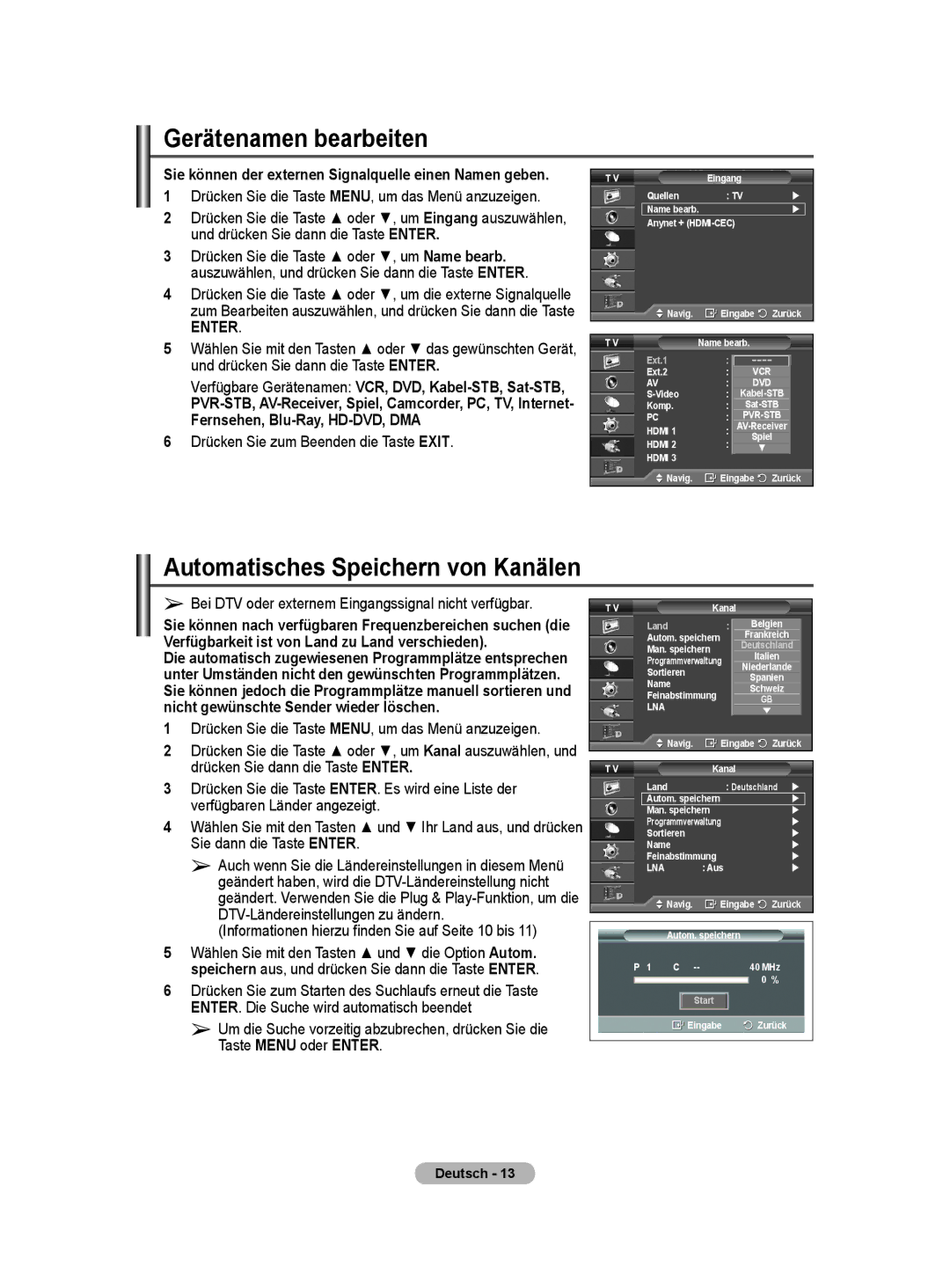 Samsung BN68-01416A-00 user manual Gerätenamen bearbeiten, Automatisches Speichern von Kanälen 