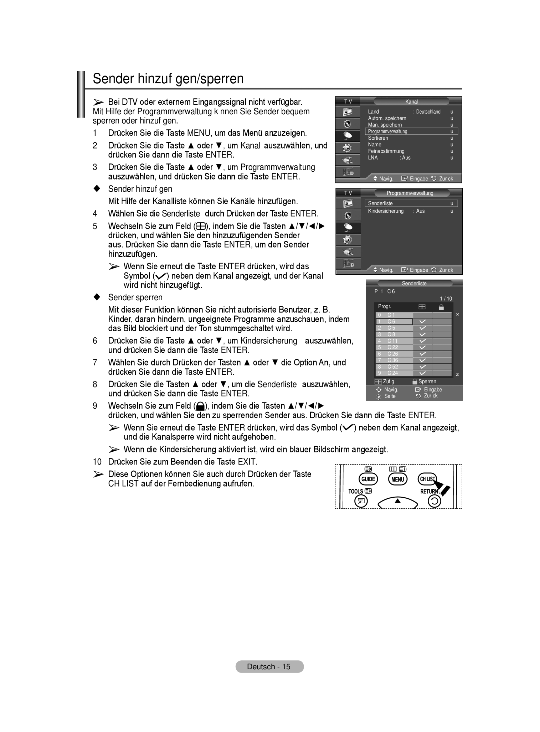 Samsung BN68-01416A-00 user manual Sender hinzufügen/sperren 