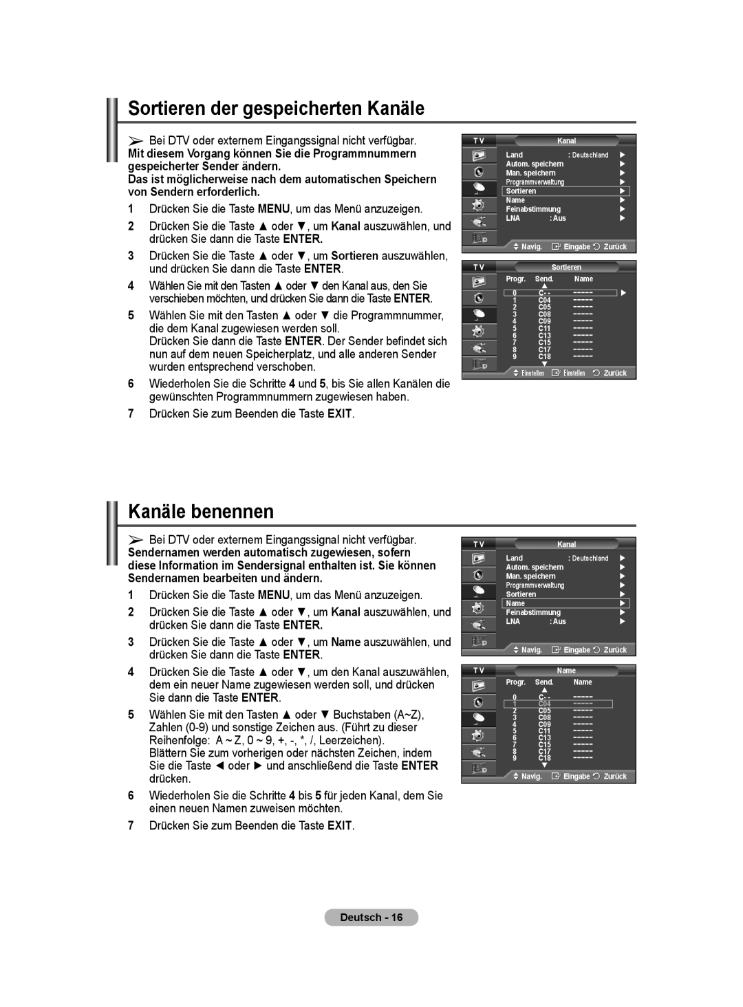 Samsung BN68-01416A-00 user manual Sortieren der gespeicherten Kanäle, Kanäle benennen 