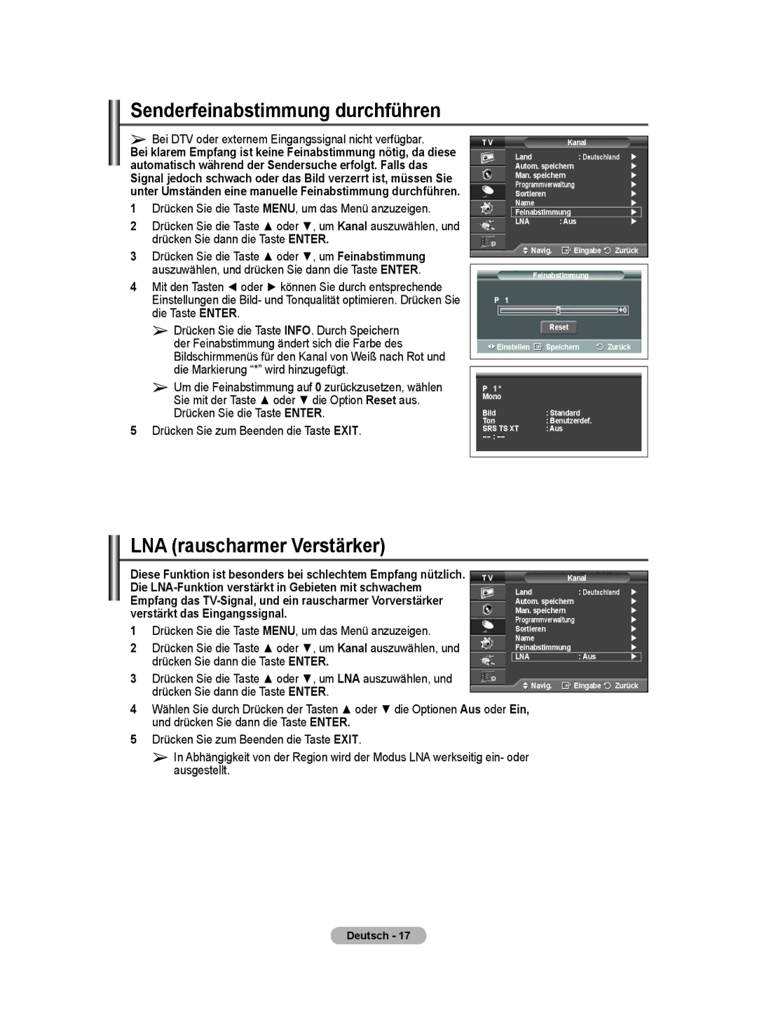 Samsung BN68-01416A-00 user manual Senderfeinabstimmung durchführen, LNA rauscharmer Verstärker 