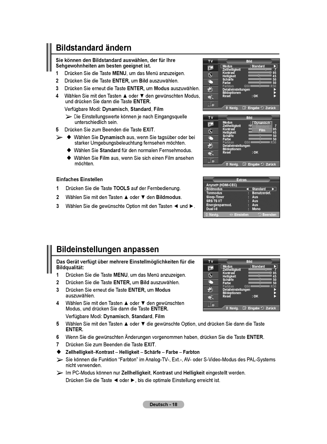 Samsung BN68-01416A-00 user manual Bildstandard ändern, Bildeinstellungen anpassen, Einfaches Einstellen 