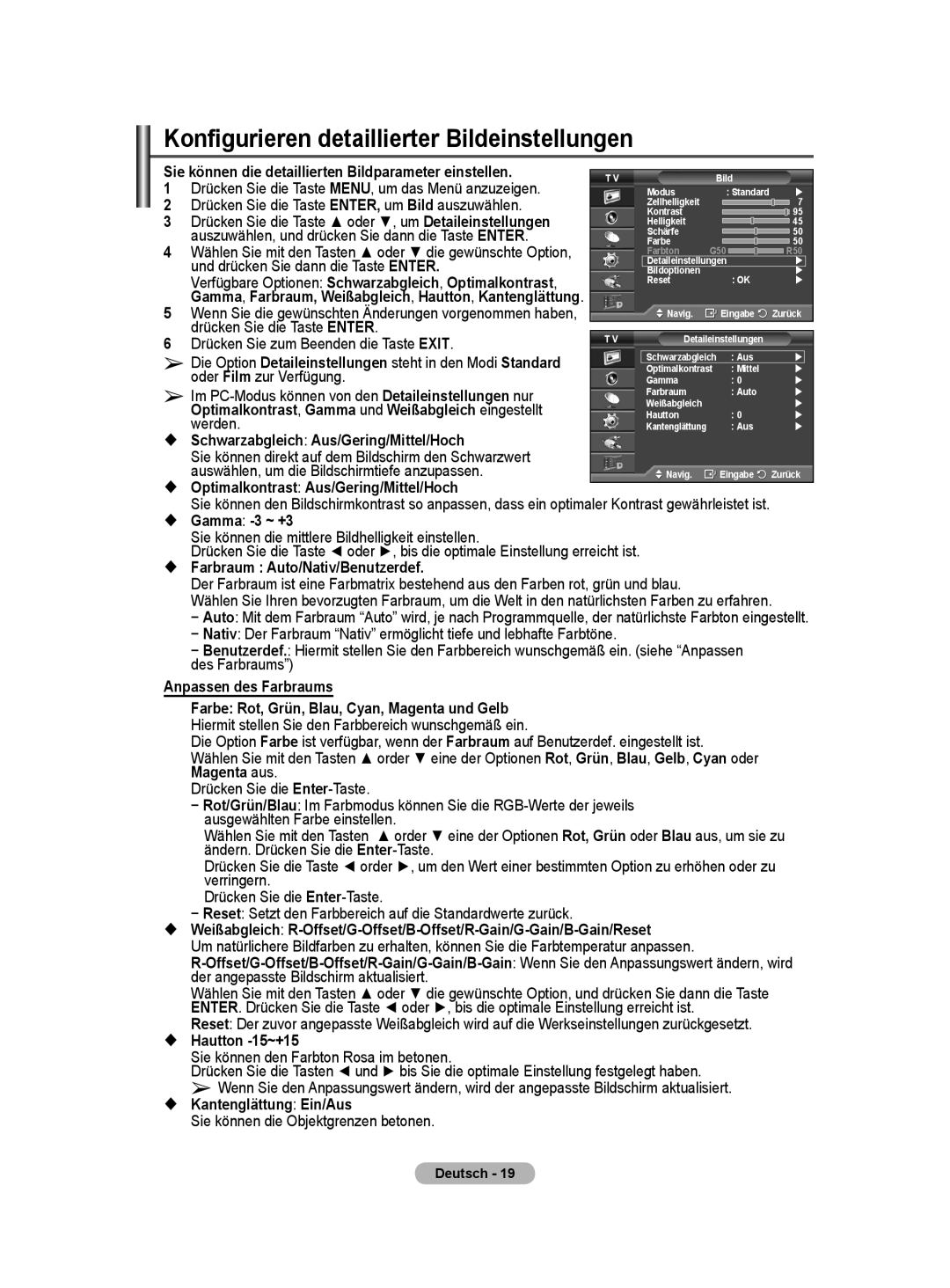 Samsung BN68-01416A-00 user manual Konfigurieren detaillierter Bildeinstellungen 