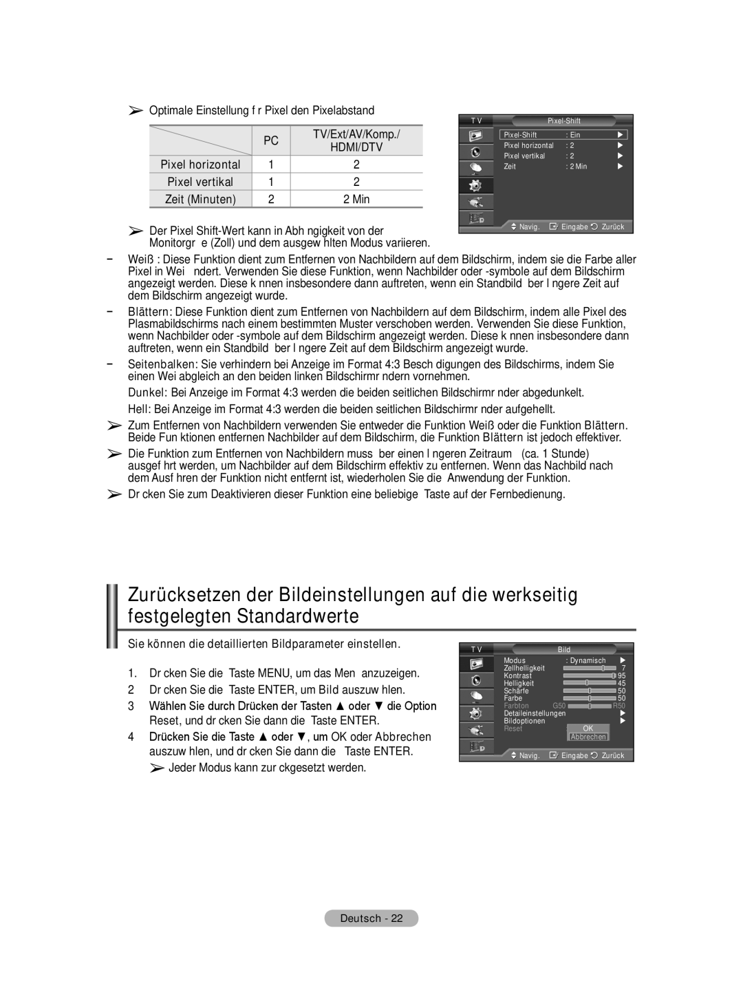 Samsung BN68-01416A-00 user manual Optimale Einstellung für Pixel den Pixelabstand, TV/Ext/AV/Komp 