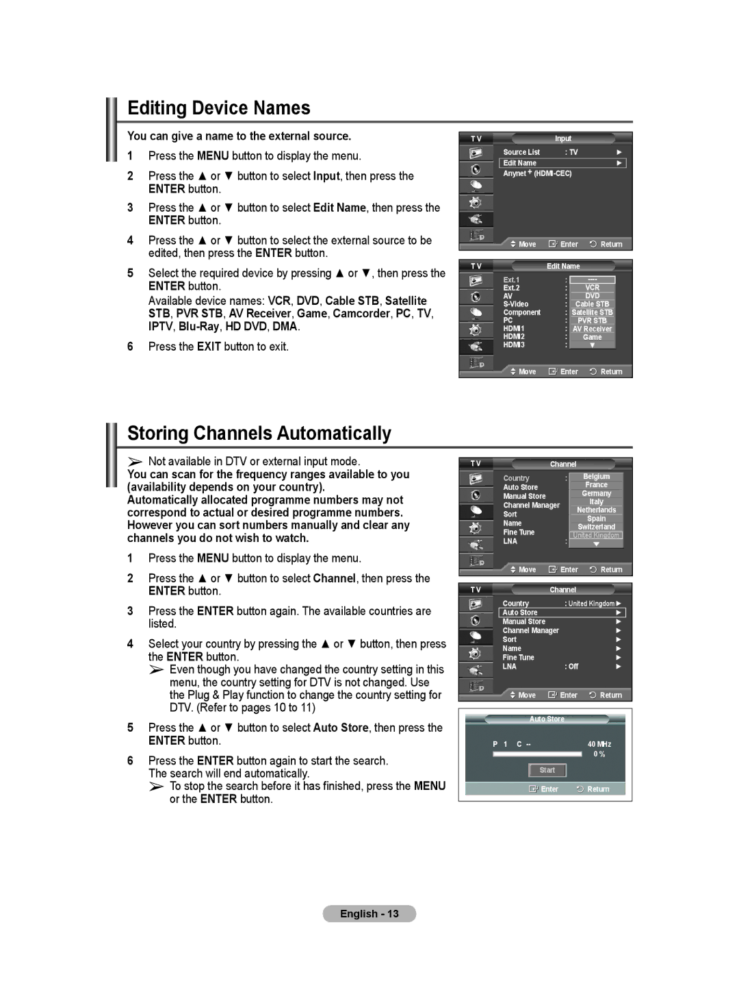 Samsung BN68-01416A-00 Editing Device Names, Storing Channels Automatically, You can give a name to the external source 