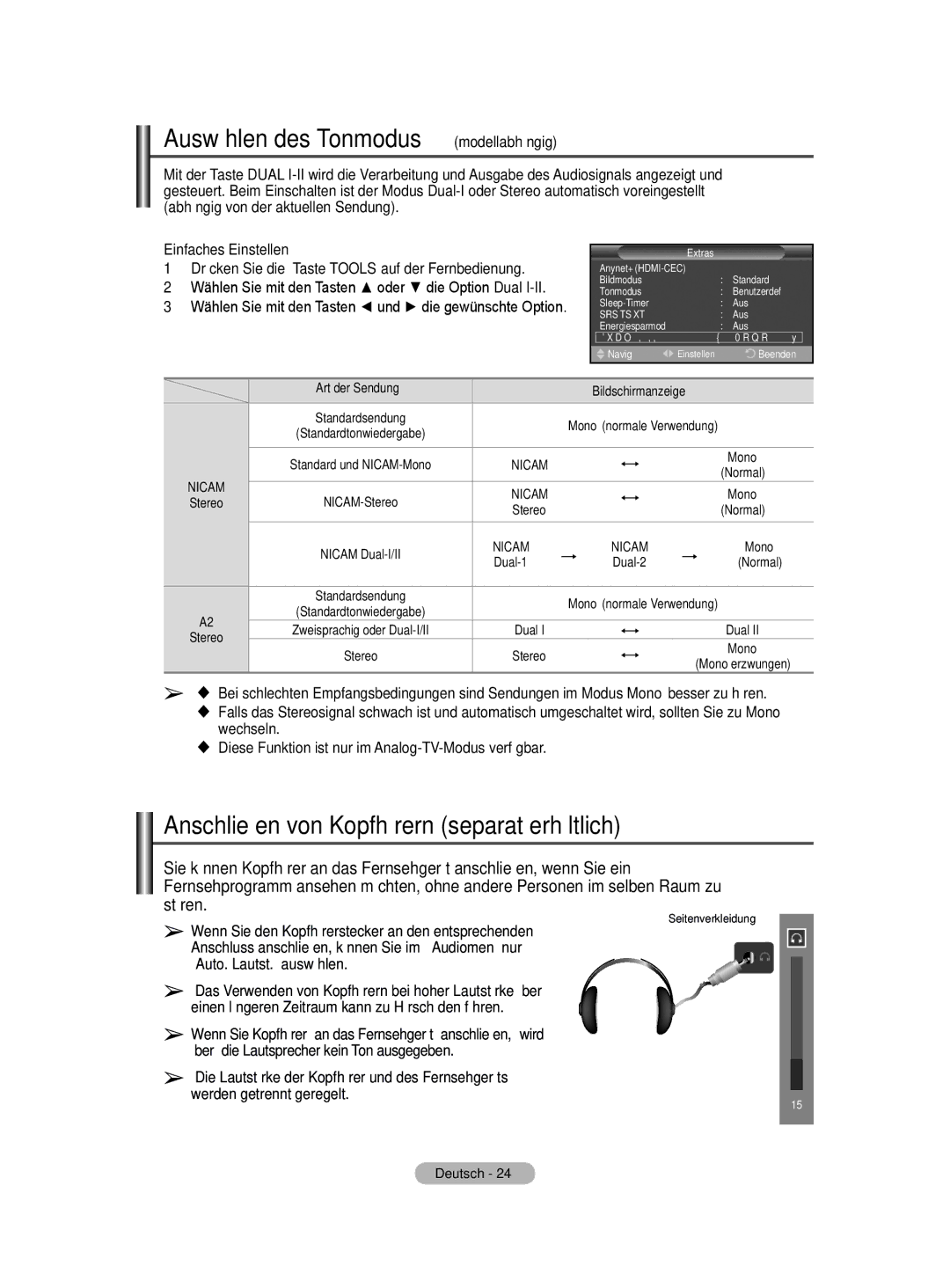 Samsung BN68-01416A-00 user manual Auswählen des Tonmodus modellabhängig, Anschließen von Kopfhörern separat erhältlich 