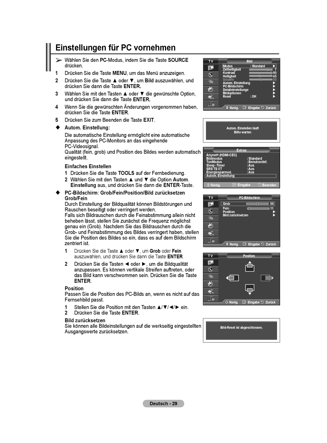 Samsung BN68-01416A-00 user manual Einstellungen für PC vornehmen,  Autom. Einstellung, Grob/Fein, Bild zurücksetzen 