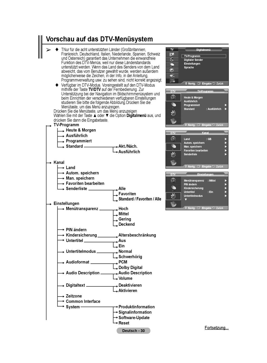 Samsung BN68-01416A-00 user manual Vorschau auf das DTV-Menüsystem, Drücken Sie die Menütaste, um das Menü anzuzeigen 