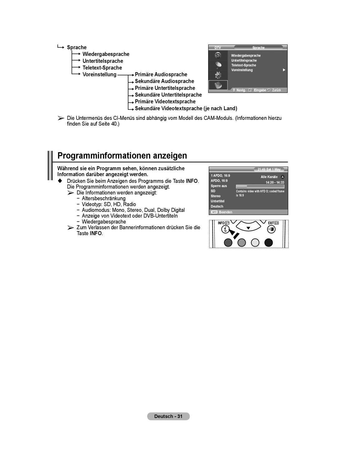 Samsung BN68-01416A-00 user manual Programminformationen anzeigen, Primäre Audiosprache, Primäre Videotextsprache 