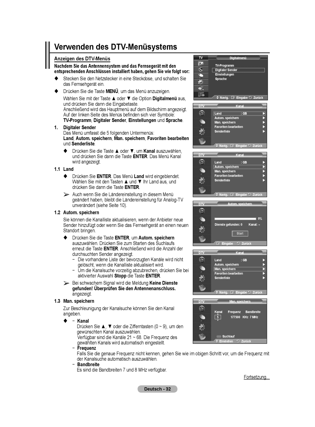 Samsung BN68-01416A-00 user manual Verwenden des DTV-Menüsystems 